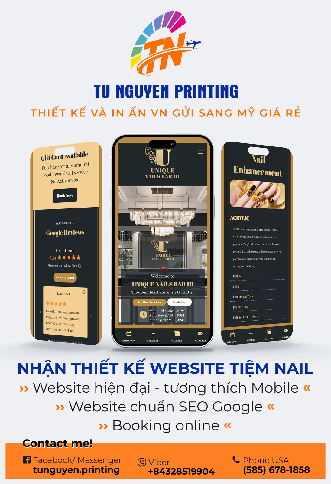Mẫu website tiệm nail hiển thị trên điện thoại